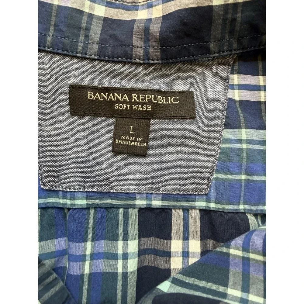 Banana Republic Men's Blue Plaid Soft Wash Short Sleeve Button Down Shirt Sz L